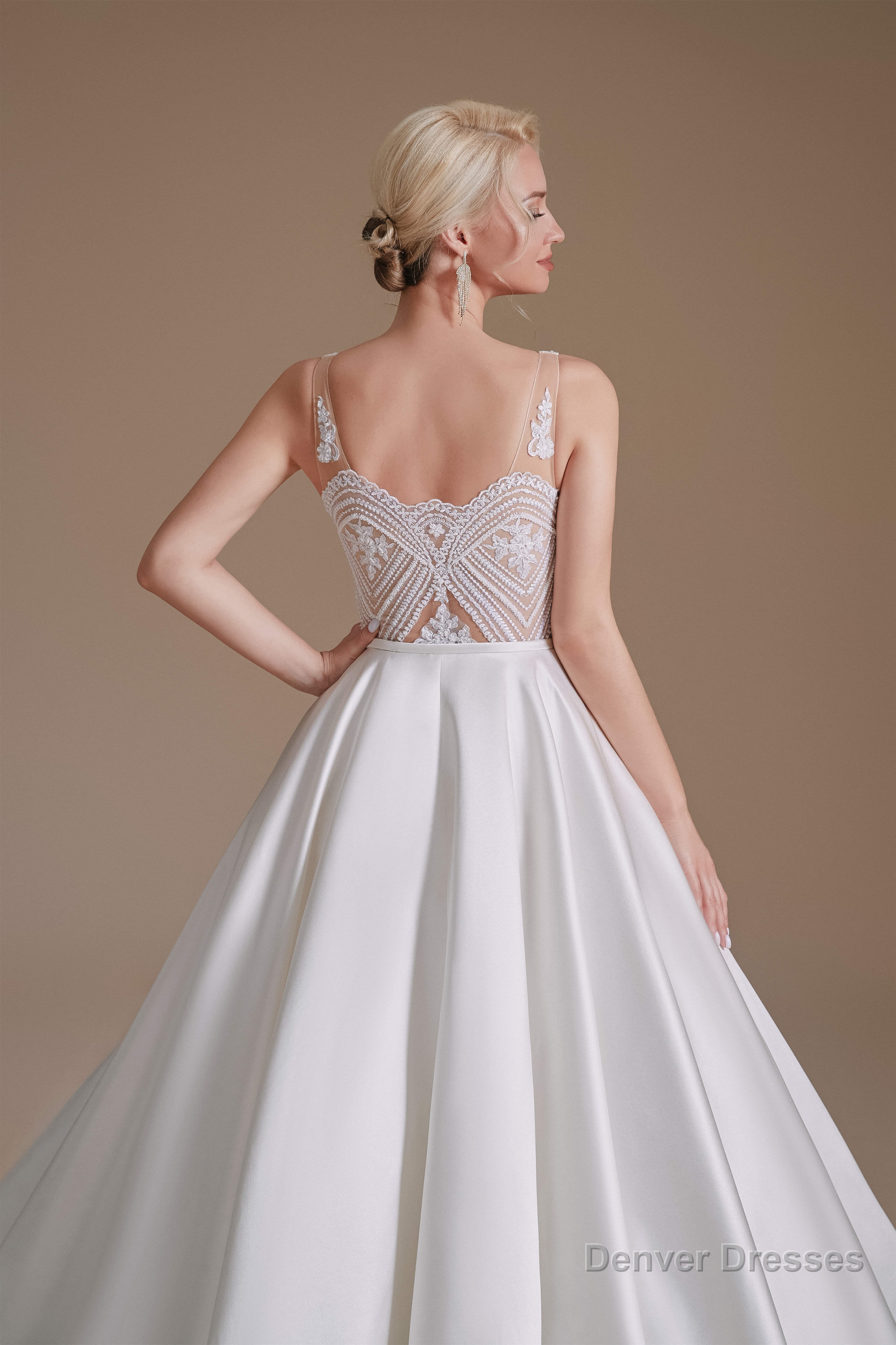 V Neck Sleeveless Satin Handmade Back Wedding Dresses Secondary image
