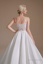 V Neck Sleeveless Satin Handmade Back Wedding Dresses