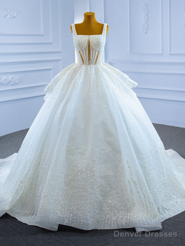 Sexy White Ball Gown Tulle Pearls Straps Wedding Dress Main image