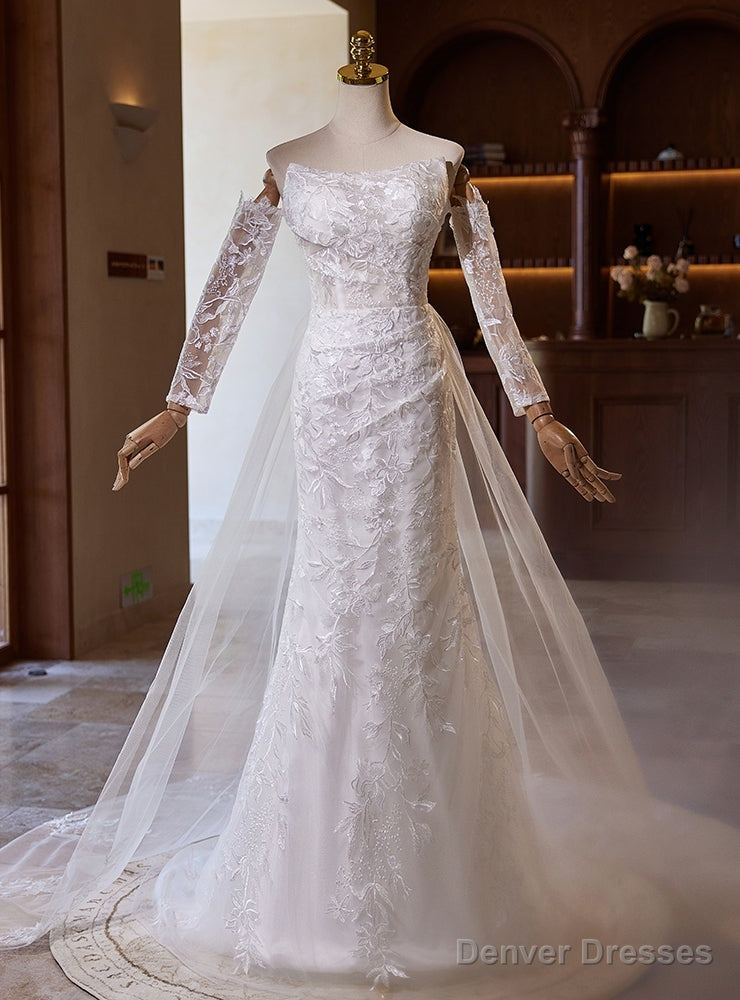 Sexy White Mermaid Lace Tulle Long Sleeve Wedding Dress Main image