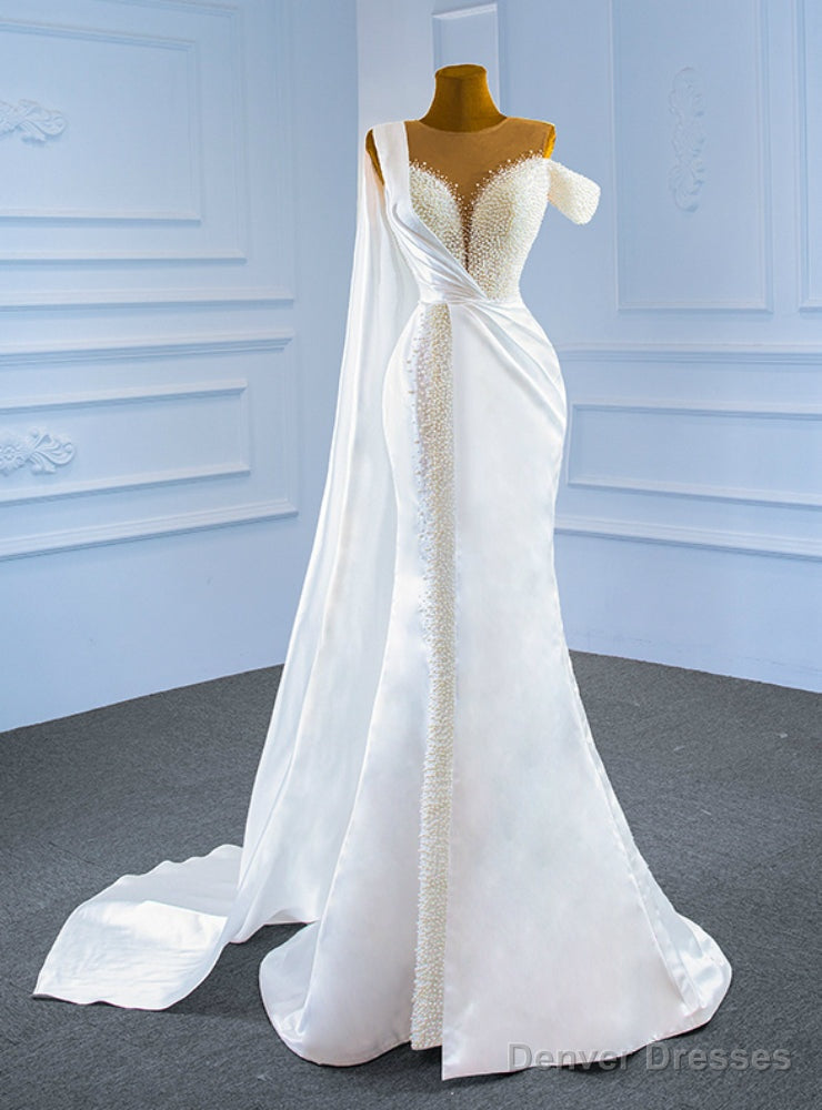 Sexy White Mermaid Satin Pearls Wedding Dress Main image