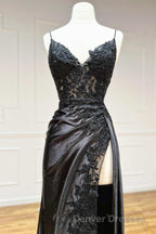 Sheath Black Long Appliques Prom Dress