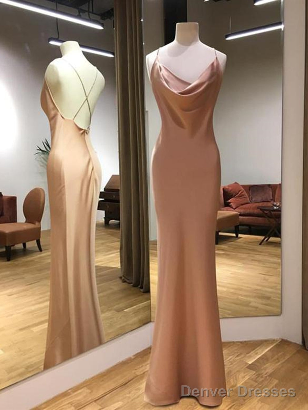 Sheath Champagne Long Prom Dresses, Champagne Floor Length Formal Evening Dresses Secondary image