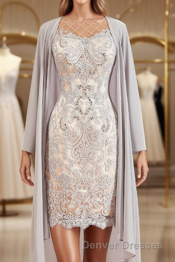 Sheath/Column Bateau Short/Mini Chiffon Mother of the Bride Dress With Appliques Lace Main image