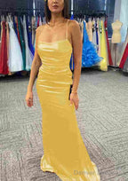 Sheath/Column Bateau Spaghetti Straps Long/Floor-Length Charmeuse Prom Dresses With Pleated