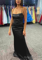 Sheath/Column Bateau Spaghetti Straps Long/Floor-Length Charmeuse Prom Dresses With Pleated