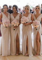 Homecoming Dresses Long, Sheath/Column Cowl Neck Sleeveless Chiffon Bridesmaid Dresses With Pleated Split