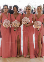 Homecoming Dresses Freshman, Sheath/Column Cowl Neck Sleeveless Chiffon Bridesmaid Dresses With Pleated Split