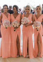 Homecoming Dresses Red, Sheath/Column Cowl Neck Sleeveless Chiffon Bridesmaid Dresses With Pleated Split
