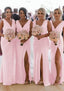 Homecoming Dresses Ideas, Sheath/Column Cowl Neck Sleeveless Chiffon Bridesmaid Dresses With Pleated Split