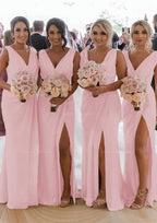 Homecoming Dress Ideas, Sheath/Column Cowl Neck Sleeveless Chiffon Bridesmaid Dresses With Pleated Split