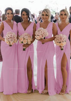 Homecoming Dress Idea, Sheath/Column Cowl Neck Sleeveless Chiffon Bridesmaid Dresses With Pleated Split