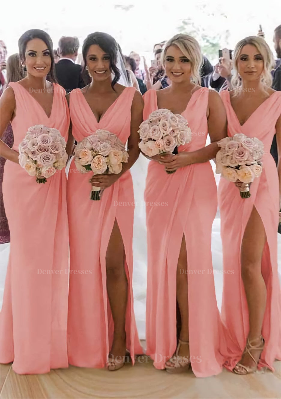 Homecoming Dress Beautiful, Sheath/Column Cowl Neck Sleeveless Chiffon Bridesmaid Dresses With Pleated Split
