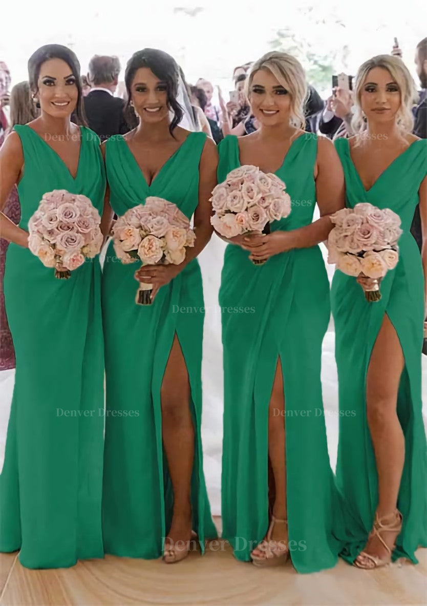 Homecoming Dress Under 72, Sheath/Column Cowl Neck Sleeveless Chiffon Bridesmaid Dresses With Pleated Split