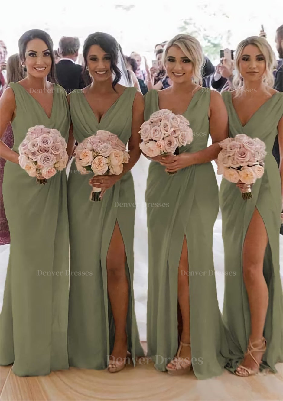 Homecoming Dress Cute, Sheath/Column Cowl Neck Sleeveless Chiffon Bridesmaid Dresses With Pleated Split