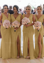 Homecoming Dress 2045, Sheath/Column Cowl Neck Sleeveless Chiffon Bridesmaid Dresses With Pleated Split