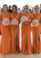 Homecoming Dresses Lace, Sheath/Column Cowl Neck Sleeveless Chiffon Bridesmaid Dresses With Pleated Split