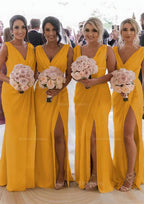 Homecoming Dress Lace, Sheath/Column Cowl Neck Sleeveless Chiffon Bridesmaid Dresses With Pleated Split
