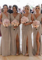Homecoming Dresses Laces, Sheath/Column Cowl Neck Sleeveless Chiffon Bridesmaid Dresses With Pleated Split