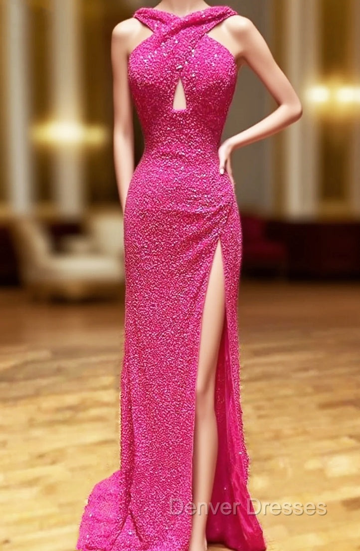 Sheath/Column Halter Sleeveless Court Train Velvet Sequins Prom Dress With Split Main image