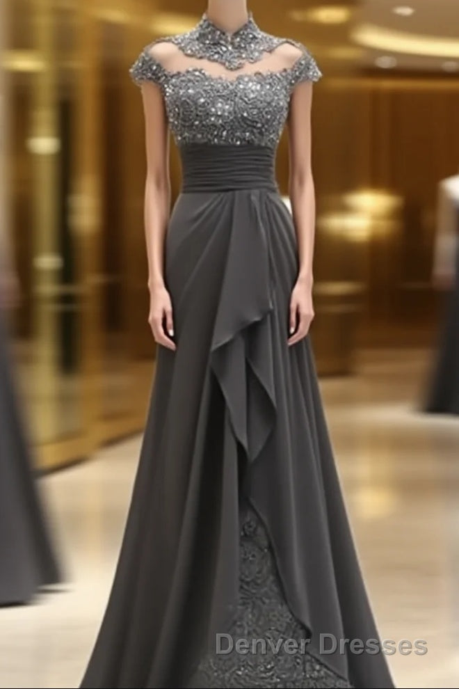 Sheath/Column High Neck Sweep Train Chiffon Mother of the Bride Dress With Lace Main image