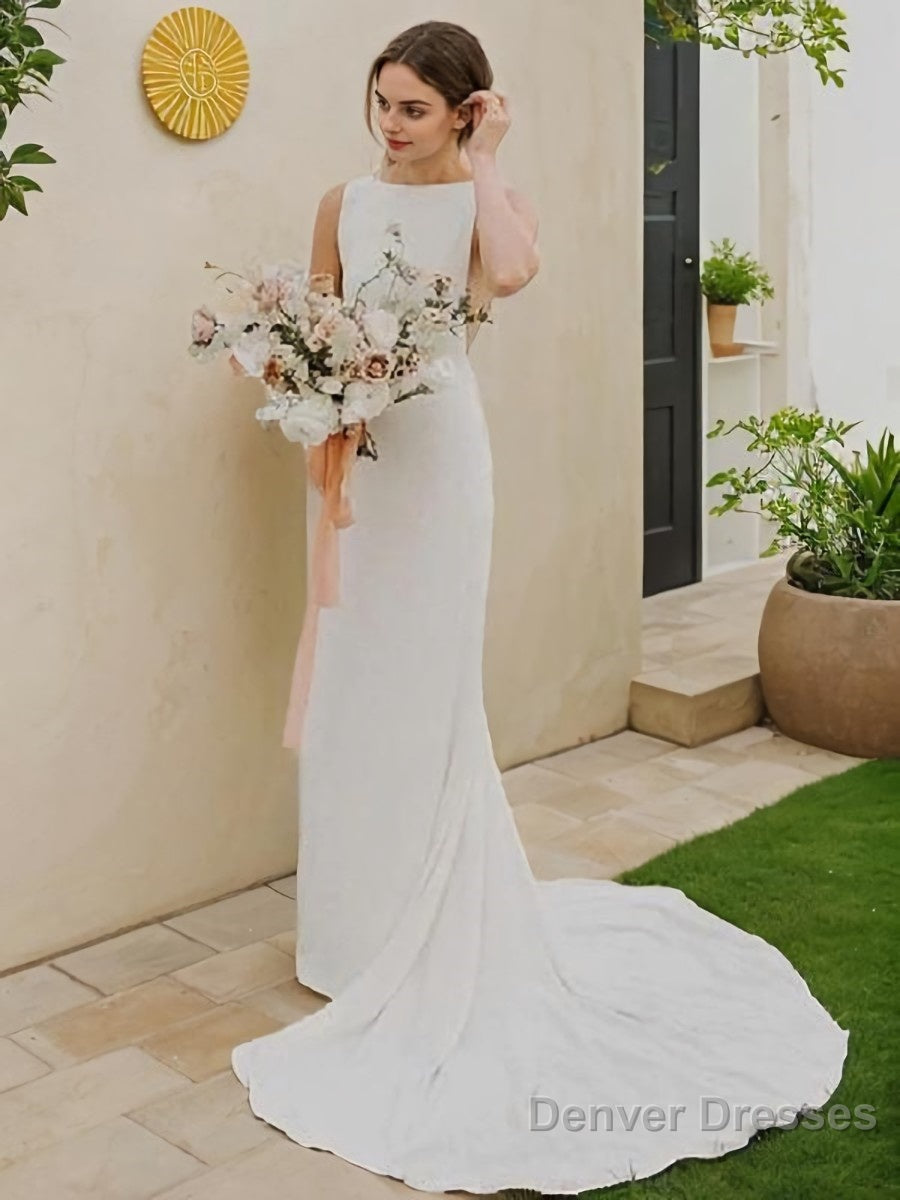 Sheath/Column Jewel Sweep Train Stretch Crepe Wedding Dresses Main image