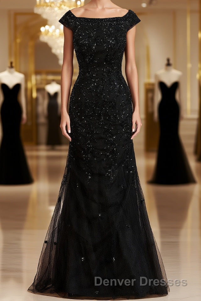 Sheath/Column Off-the-Shoulder Floor-Length Tulle Mother of the Bride Dress With Beading Main image