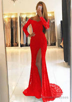 Sheath/Column Off-the-Shoulder Full/Long Sleeve Sweep Train Lace Dresses With Split