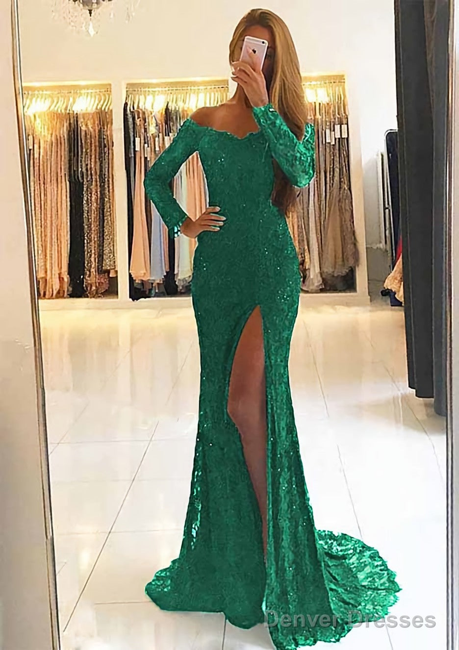 Sheath/Column Off-the-Shoulder Full/Long Sleeve Sweep Train Lace Dresses With Split