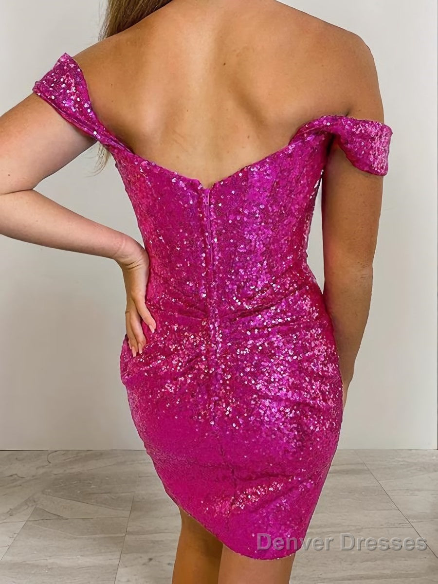 Sheath/Column Off-the-Shoulder Short/Mini Sequins Homecoming Dresses With Ruffles