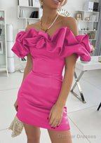 Sheath/Column Off-the-Shoulder Sleeveless Satin Short/Mini Homecoming Dresses With Ruffles