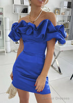 Sheath/Column Off-the-Shoulder Sleeveless Satin Short/Mini Homecoming Dresses With Ruffles