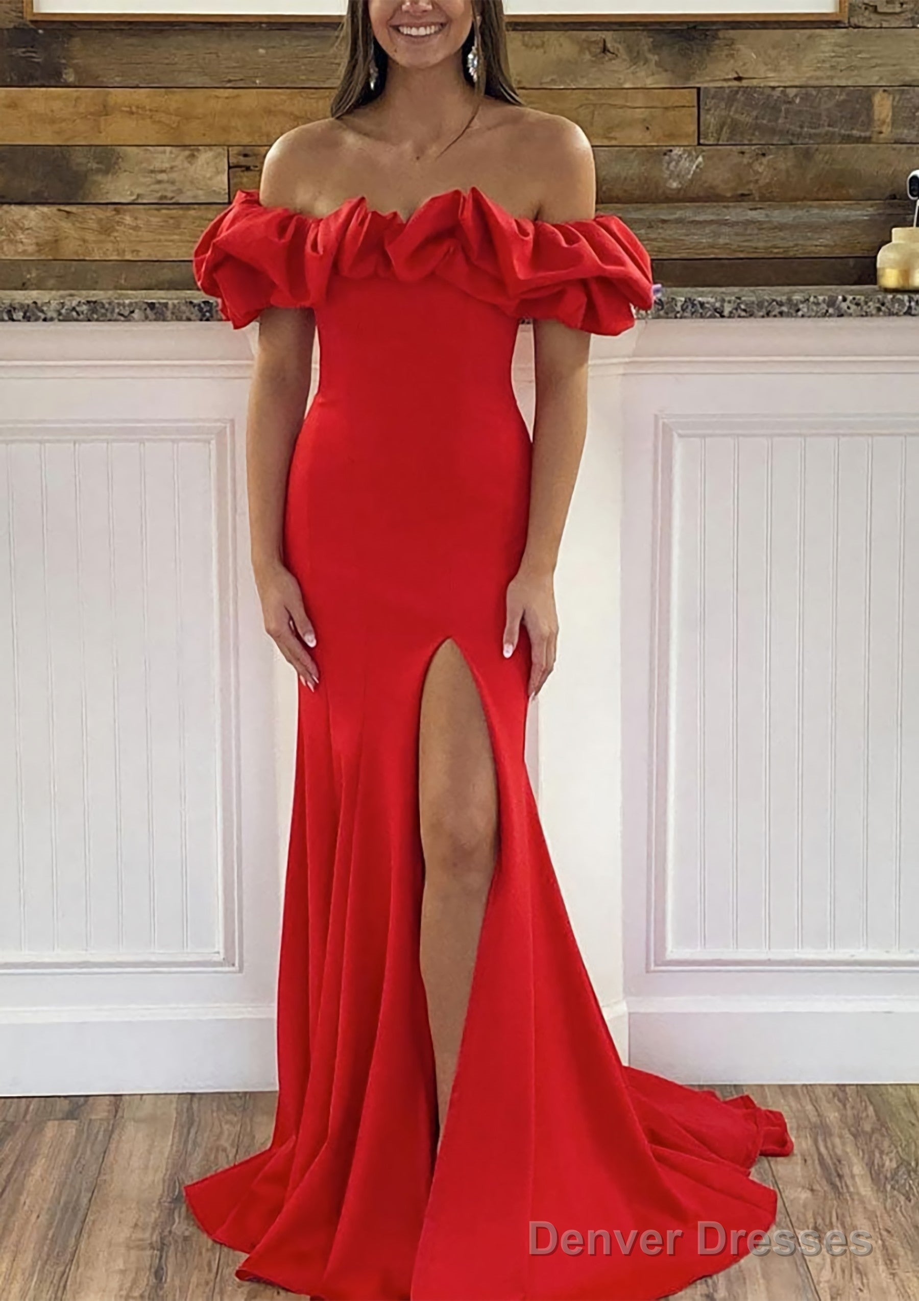 Sheath/Column Off-the-Shoulder Sleeveless Sweep Train Satin Prom Dresses With Ruffles Split