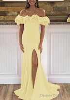 Sheath/Column Off-the-Shoulder Sleeveless Sweep Train Satin Prom Dresses With Ruffles Split