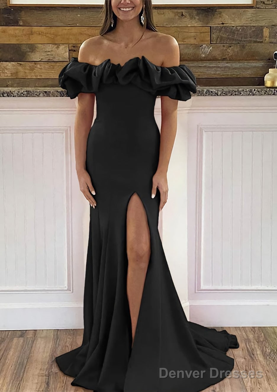 Sheath/Column Off-the-Shoulder Sleeveless Sweep Train Satin Prom Dresses With Ruffles Split