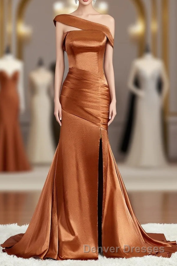 Sheath/Column Off-the-Shoulder Sweep Train Silk like Satin Bridesmaid Dress with Leg Slit Main image
