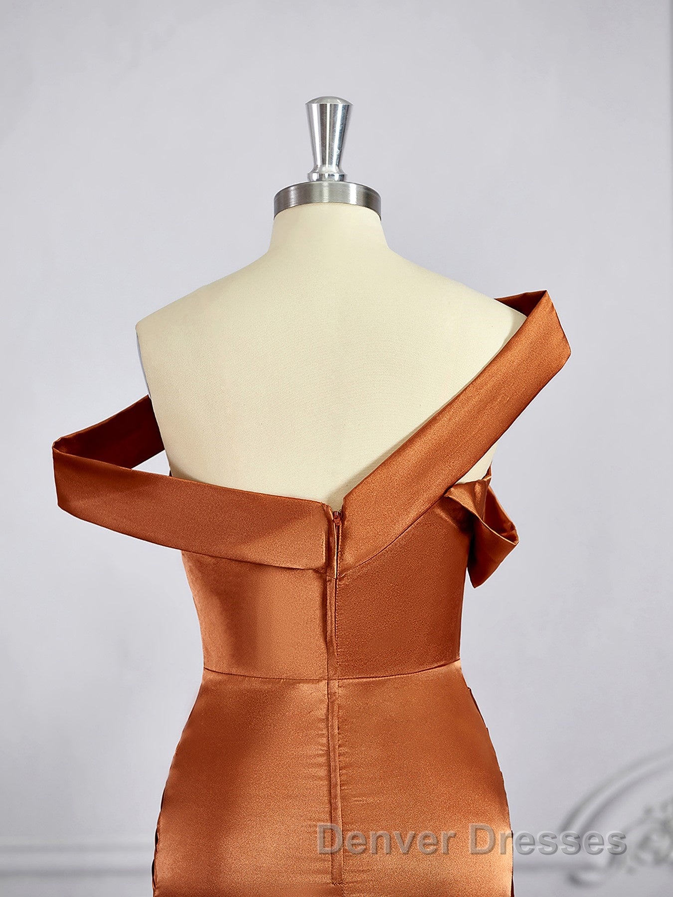 Sheath/Column Off-the-Shoulder Sweep Train Silk like Satin Bridesmaid Dress with Leg Slit