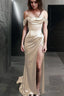 Sheath Off-the-Shoulder Sweep Train Silk like Satin Prom Dresses With Leg Slit