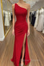 Sheath/Column One-Shoulder Sleeveless Jersey Long/Floor-Length Red Prom Dress With Pleated Split