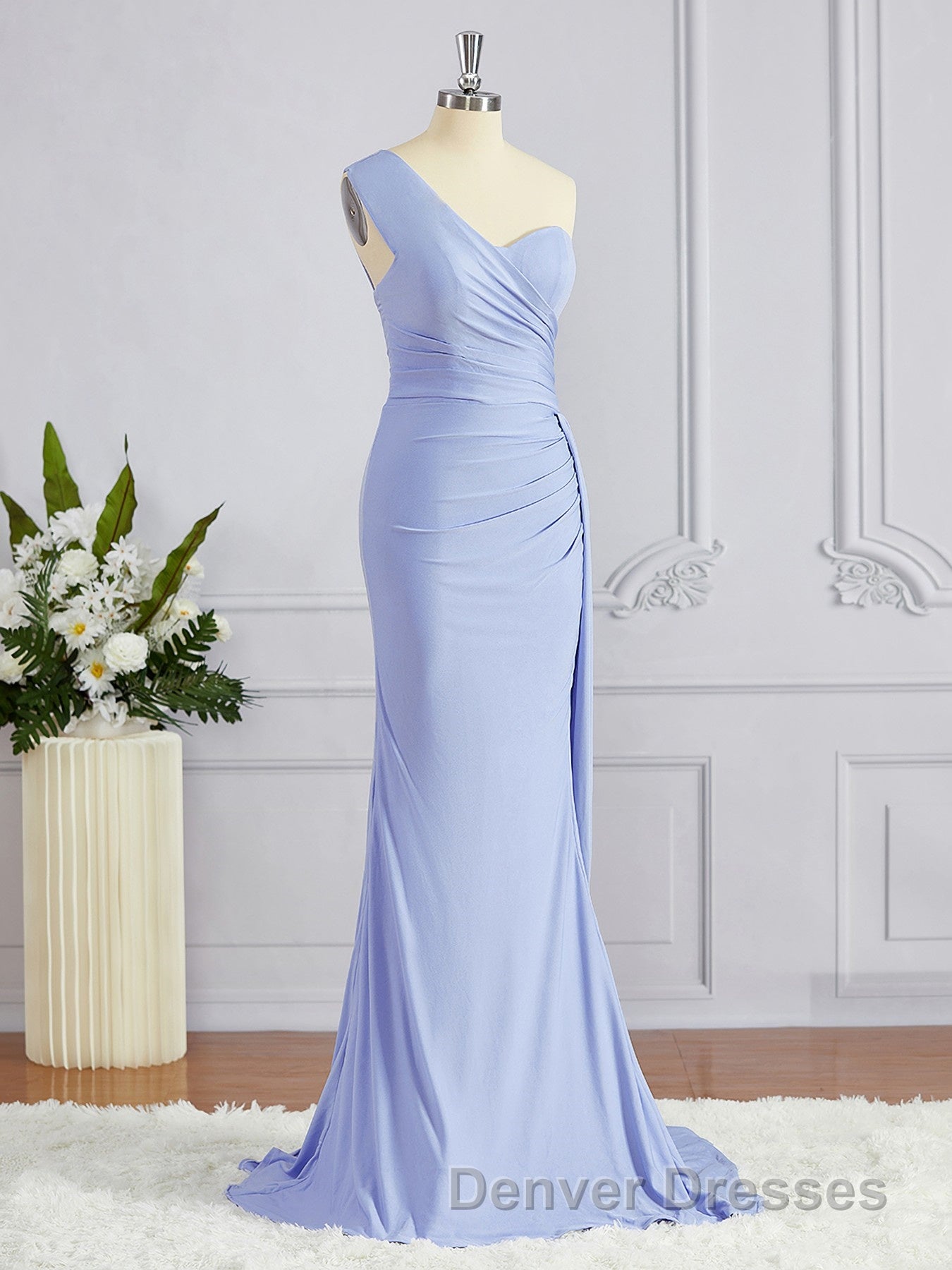 Sheath/Column One-Shoulder Sweep Train Jersey Bridesmaid Dress