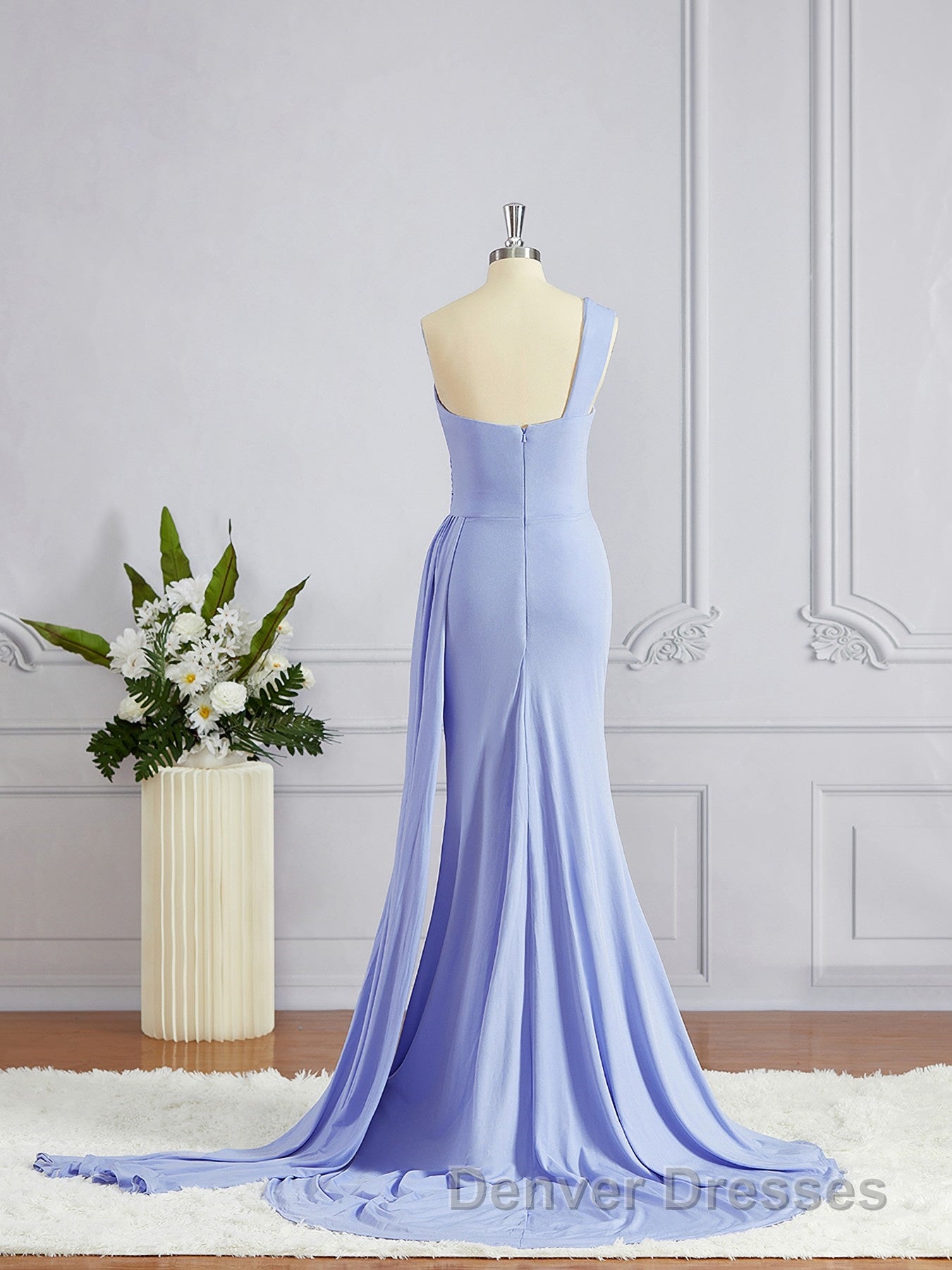 Sheath/Column One-Shoulder Sweep Train Jersey Bridesmaid Dress