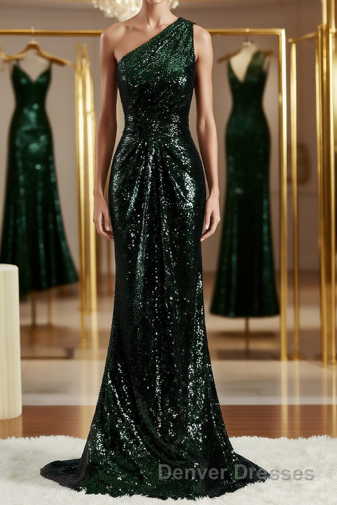 Sheath/Column One-Shoulder Sweep Train Sequins Bridesmaid Dress Main image