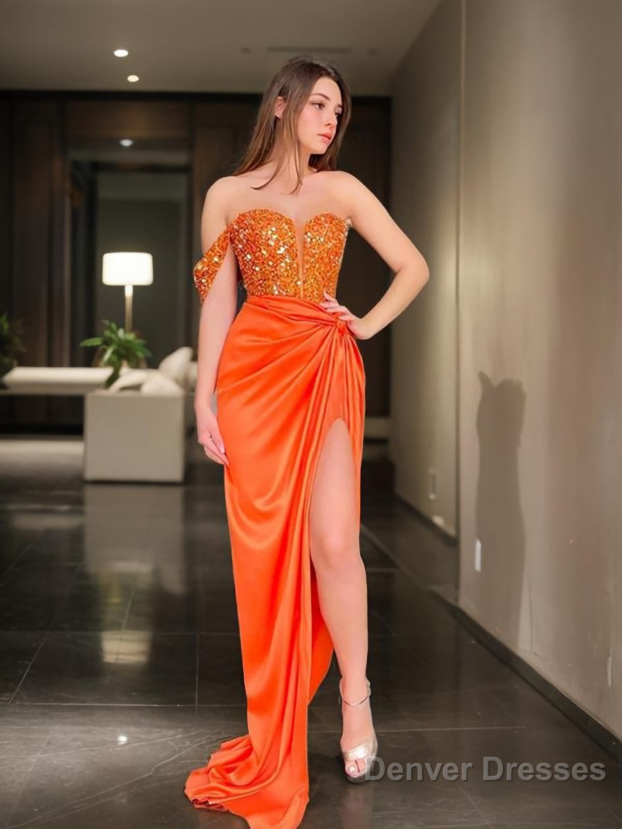Sheath/Column One-Shoulder Sweep Train Elastic Woven Satin Prom Dresses With Leg Slit Main image