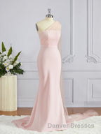 Sheath/Column One-Shoulder Sweep Train Stretch Crepe Bridesmaid Dress