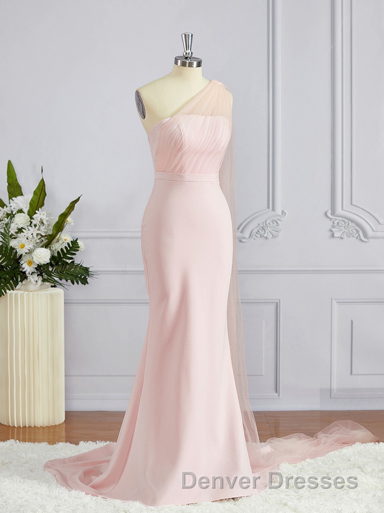 Sheath/Column One-Shoulder Sweep Train Stretch Crepe Bridesmaid Dress