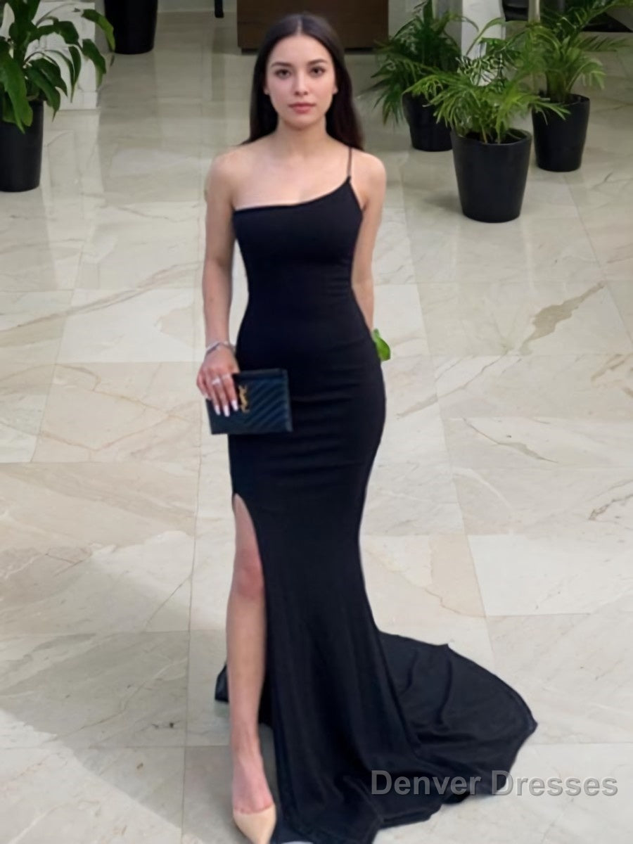 Sheath/Column One-Shoulder Sweep Train Stretch Crepe Prom Dresses With Leg Slit Main image