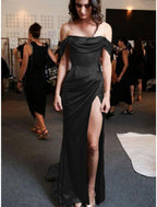 Sheath Column Prom Dress Minimalist Dress Evening Party Sweep Brush Train Sleeveless Strapless Charmeuse With Pleats Ruched Slit