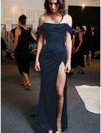 Sheath Column Prom Dress Minimalist Dress Evening Party Sweep Brush Train Sleeveless Strapless Charmeuse With Pleats Ruched Slit