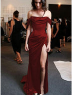 Sheath Column Prom Dress Minimalist Dress Evening Party Sweep Brush Train Sleeveless Strapless Charmeuse With Pleats Ruched Slit