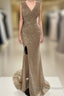 Sheath / Column Prom Dress Sparkle & Shine Dress Cocktail Party Sweep / Brush Train Sleeveless V Neck Sequined With Glitter Ruched Slit